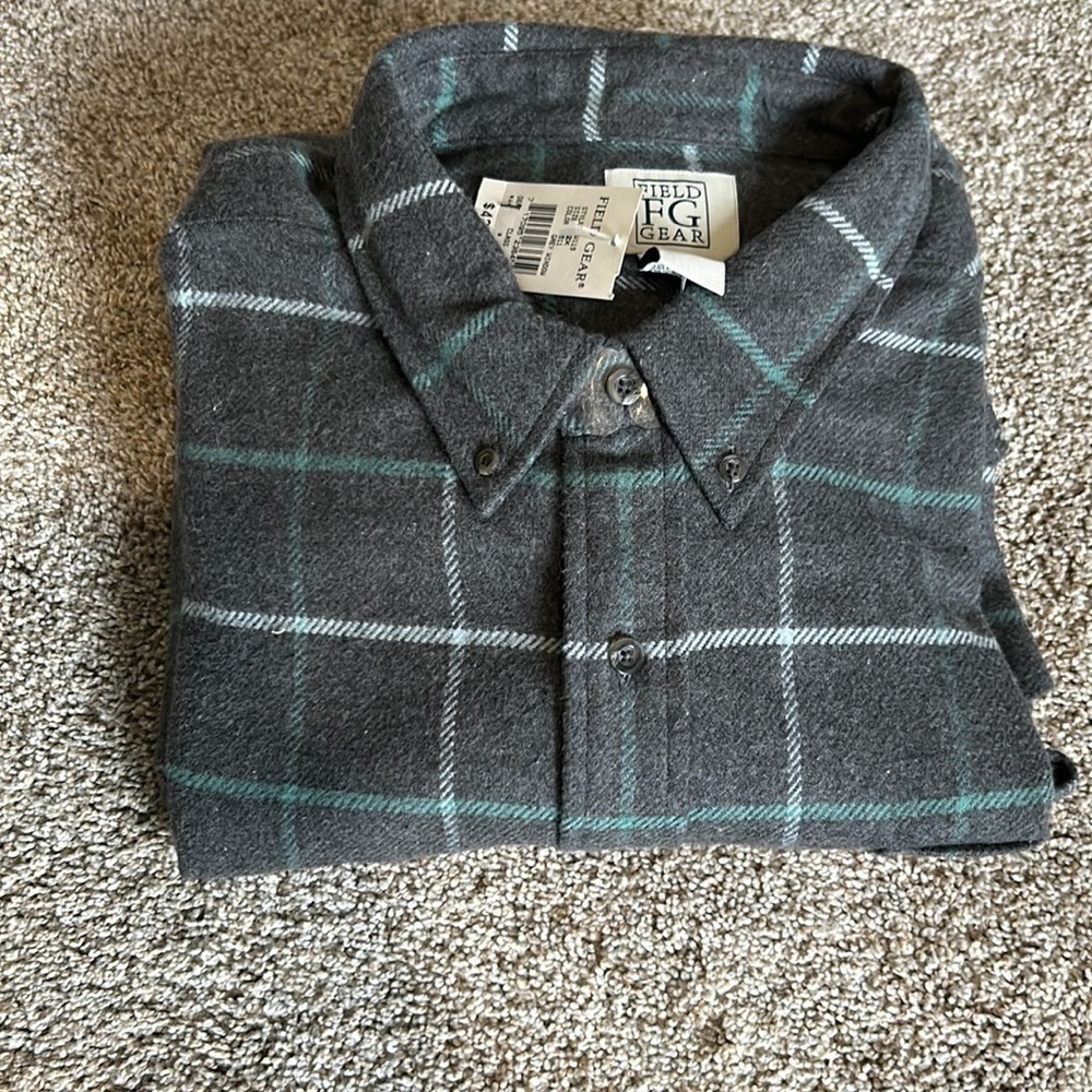 NWT Field Gear FG flannel men’s 2X grey window plaid 💯 cotton button down shirt